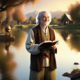 A peaceful scene of a hobbit cleric, gently smiling as he holds a book