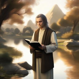 A peaceful scene of a hobbit cleric, gently smiling as he holds a book