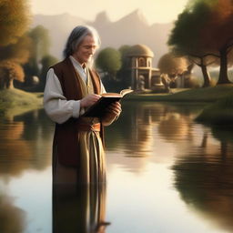 A peaceful scene of a hobbit cleric, gently smiling as he holds a book