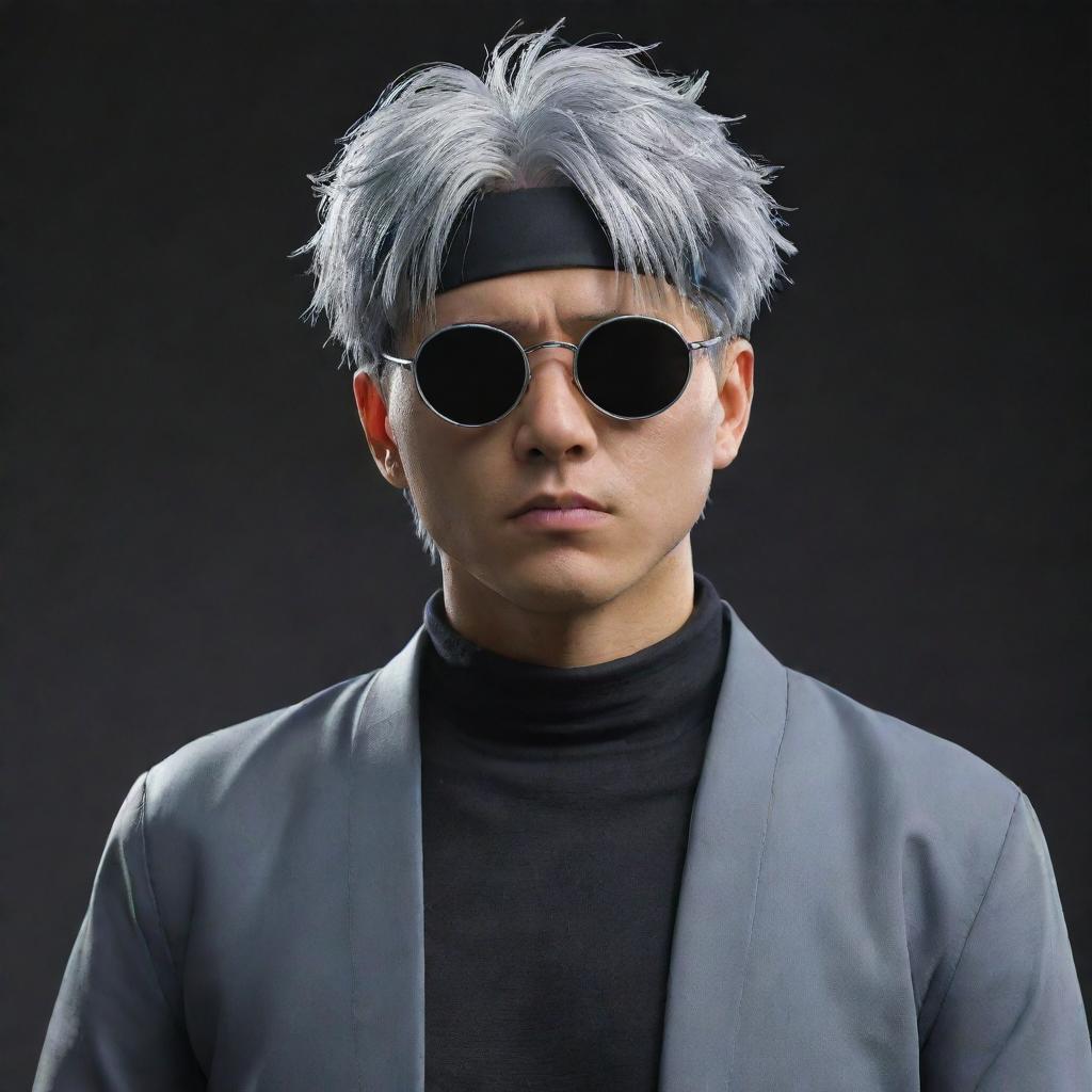 Create a detailed image of Gojo Satoru, a character from Jujutsu Kaisen, featuring his silver hair, blindfolded eyes, and marked by his casual yet stylish outfit.