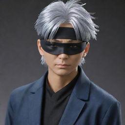 Create a detailed image of Gojo Satoru, a character from Jujutsu Kaisen, featuring his silver hair, blindfolded eyes, and marked by his casual yet stylish outfit.