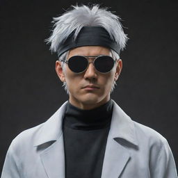 Create a detailed image of Gojo Satoru, a character from Jujutsu Kaisen, featuring his silver hair, blindfolded eyes, and marked by his casual yet stylish outfit.