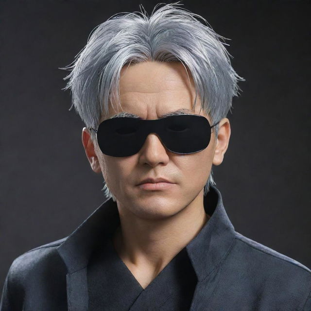 Create a detailed image of Gojo Satoru, a character from Jujutsu Kaisen, featuring his silver hair, blindfolded eyes, and marked by his casual yet stylish outfit.