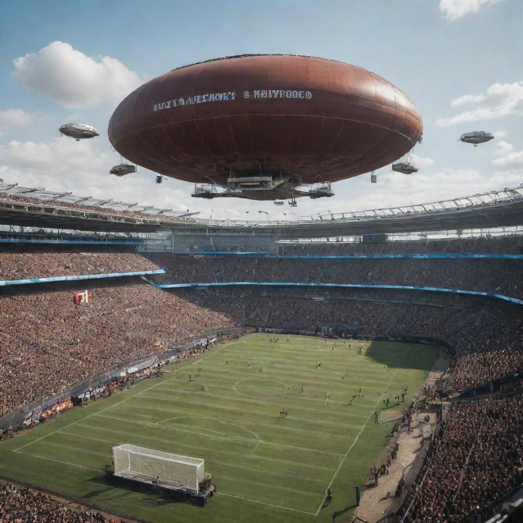 An Airpunk-style football stadium with floating seating arenas, anti-gravity playing fields, ornate wind-propelled scoreboards, and surrounded by air-bound audience airships