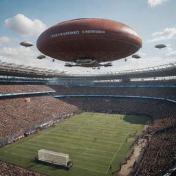 An Airpunk-style football stadium with floating seating arenas, anti-gravity playing fields, ornate wind-propelled scoreboards, and surrounded by air-bound audience airships