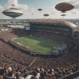 An Airpunk-style football stadium with floating seating arenas, anti-gravity playing fields, ornate wind-propelled scoreboards, and surrounded by air-bound audience airships