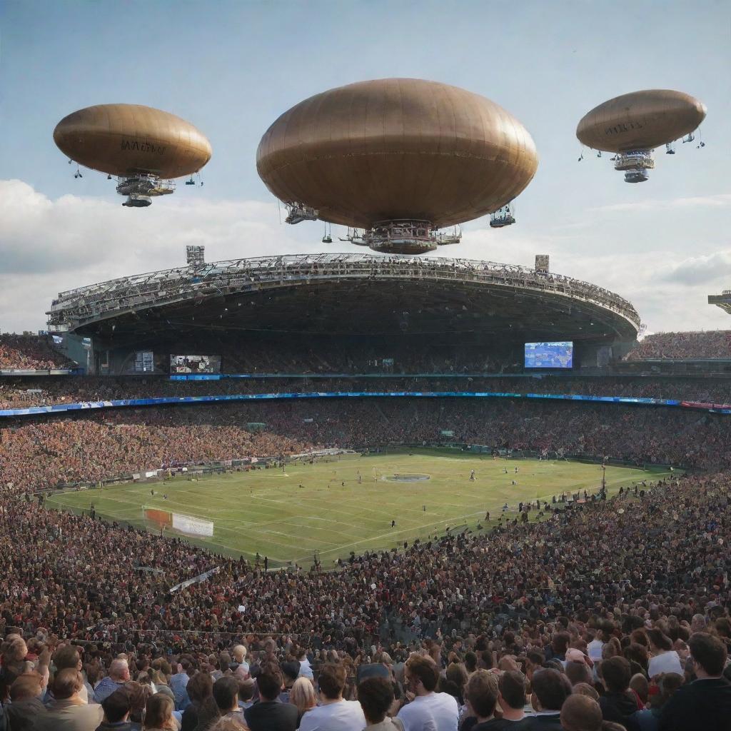 An Airpunk-style football stadium with floating seating arenas, anti-gravity playing fields, ornate wind-propelled scoreboards, and surrounded by air-bound audience airships