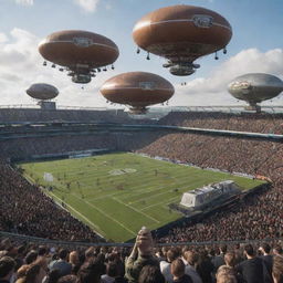 An Airpunk-style football stadium with floating seating arenas, anti-gravity playing fields, ornate wind-propelled scoreboards, and surrounded by air-bound audience airships