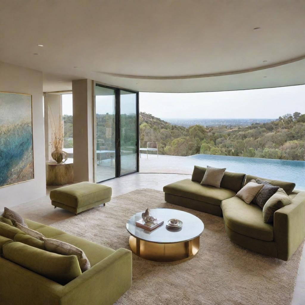 A modern living space, showcasing a large olive-green couch, a glass table with gold contouring, a textured carpet, modern suspended lighting, complemented by a breath-taking view of the adjacent swimming pool.