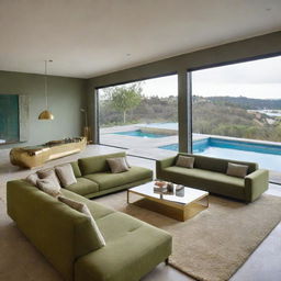 A modern living space, showcasing a large olive-green couch, a glass table with gold contouring, a textured carpet, modern suspended lighting, complemented by a breath-taking view of the adjacent swimming pool.