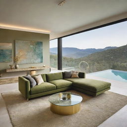 A modern living space, showcasing a large olive-green couch, a glass table with gold contouring, a textured carpet, modern suspended lighting, complemented by a breath-taking view of the adjacent swimming pool.