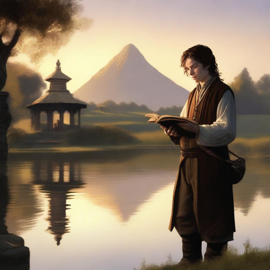 A portrait of a hobbit cleric from the trickery domain, holding a book and offering a slight, knowing smile