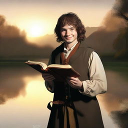 A portrait of a hobbit cleric from the trickery domain, holding a book and offering a slight, knowing smile