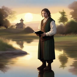 A portrait of a hobbit cleric from the trickery domain, holding a book and offering a slight, knowing smile