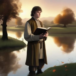 A portrait of a hobbit cleric from the trickery domain, holding a book and offering a slight, knowing smile