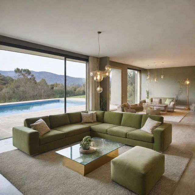 A modern living space, showcasing a large olive-green couch, a glass table with gold contouring, a textured carpet, modern suspended lighting, complemented by a breath-taking view of the adjacent swimming pool.