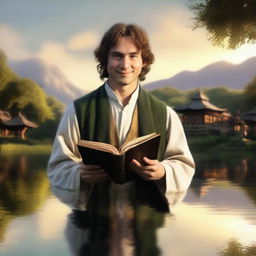 A portrait of a hobbit cleric, a devotee of the trickery domain, subtly smiling as he holds a book