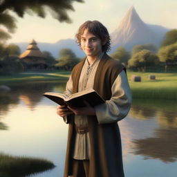 A portrait of a hobbit cleric, a devotee of the trickery domain, subtly smiling as he holds a book