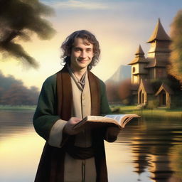 A portrait of a hobbit cleric, a devotee of the trickery domain, subtly smiling as he holds a book