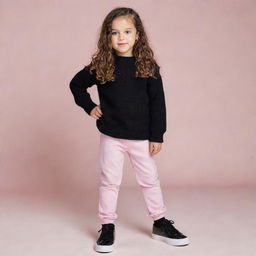 Create an image of a young girl with honey eyes and long, smooth hair. She's petite, wearing pink pants, a black winter sweater, and black shoes. The boy is tall with black, curly hair, wearing black pants, a yellow winter sweater, and white shoes.