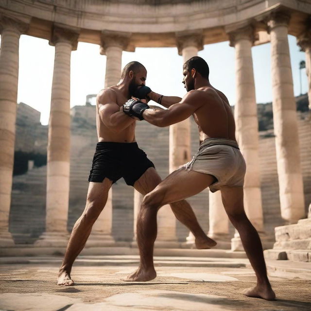 The MMA fight in the setting of ancient Greece intensifies