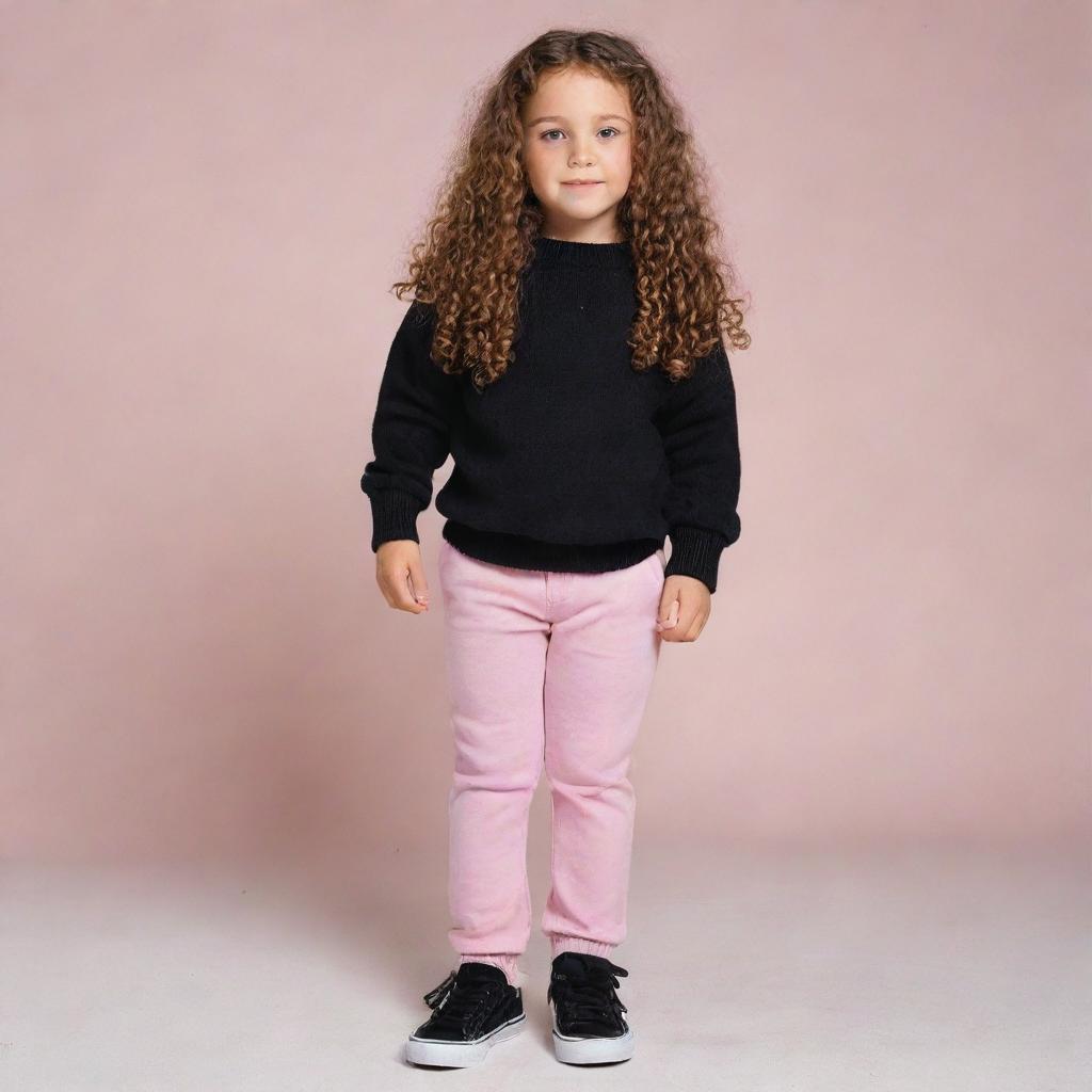 Create an image of a young girl with honey eyes and long, smooth hair. She's petite, wearing pink pants, a black winter sweater, and black shoes. The boy is tall with black, curly hair, wearing black pants, a yellow winter sweater, and white shoes.