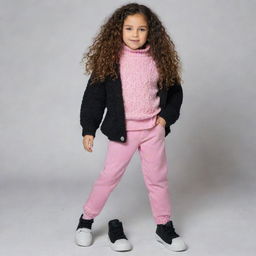 Create an image of a young girl with honey eyes and long, smooth hair. She's petite, wearing pink pants, a black winter sweater, and black shoes. The boy is tall with black, curly hair, wearing black pants, a yellow winter sweater, and white shoes.