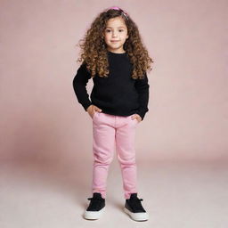 Create an image of a young girl with honey eyes and long, smooth hair. She's petite, wearing pink pants, a black winter sweater, and black shoes. The boy is tall with black, curly hair, wearing black pants, a yellow winter sweater, and white shoes.