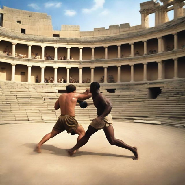 The scene of the MMA fight in ancient Greece intensifies