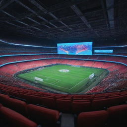 A Cyberpunk-style football stadium, with high-tech digital scoreboards, neon-lit seating, futuristic structures and the field illuminated by the glow of surrounding holographic advertisements