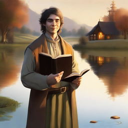 A portrait of a hobbit cleric, a follower of the trickery domain, holding a book and sporting a slight, mischievous smile