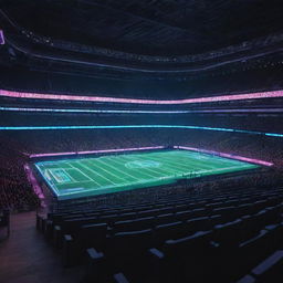 A Cyberpunk-style football stadium, with high-tech digital scoreboards, neon-lit seating, futuristic structures and the field illuminated by the glow of surrounding holographic advertisements