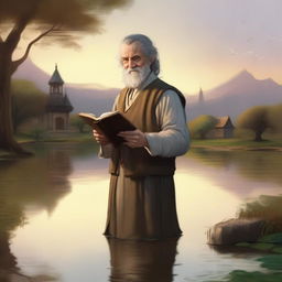 A portrait of a hobbit cleric, a follower of the trickery domain, holding a book and sporting a slight, mischievous smile