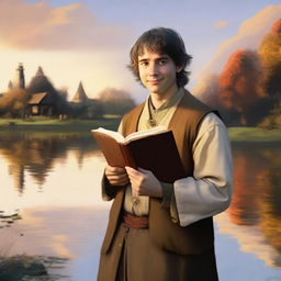 A portrait of a hobbit cleric, a follower of the trickery domain, holding a book and sporting a slight, mischievous smile