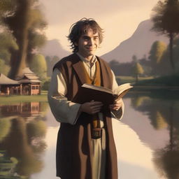 A portrait of a hobbit cleric, a follower of the trickery domain, holding a book and sporting a slight, mischievous smile