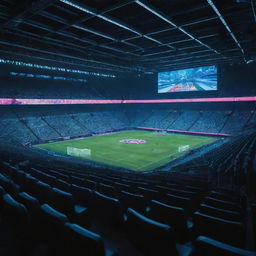 A Cyberpunk-style football stadium, with high-tech digital scoreboards, neon-lit seating, futuristic structures and the field illuminated by the glow of surrounding holographic advertisements