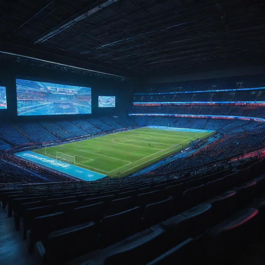 A Cyberpunk-style football stadium, with high-tech digital scoreboards, neon-lit seating, futuristic structures and the field illuminated by the glow of surrounding holographic advertisements