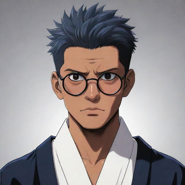 Draw Sukuna, a character from Jujutsu Kaisen, with his darker complexion, menacing four eyes, two vertical lines descending from each of his eyes, wearing a traditional Japanese attire.