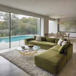 A chic, modern living space featuring a large olive-green sofa, a gold-contoured glass table, a textured rug, cutting-edge suspended lighting, and a picturesque view of a sparkling swimming pool.