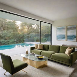 A chic, modern living space featuring a large olive-green sofa, a gold-contoured glass table, a textured rug, cutting-edge suspended lighting, and a picturesque view of a sparkling swimming pool.