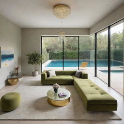 A chic, modern living space featuring a large olive-green sofa, a gold-contoured glass table, a textured rug, cutting-edge suspended lighting, and a picturesque view of a sparkling swimming pool.