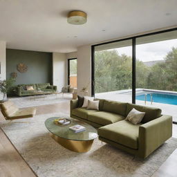 A chic, modern living space featuring a large olive-green sofa, a gold-contoured glass table, a textured rug, cutting-edge suspended lighting, and a picturesque view of a sparkling swimming pool.