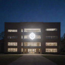 A glowing white logo of a school building.