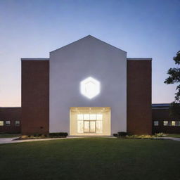 A glowing white logo of a school building.