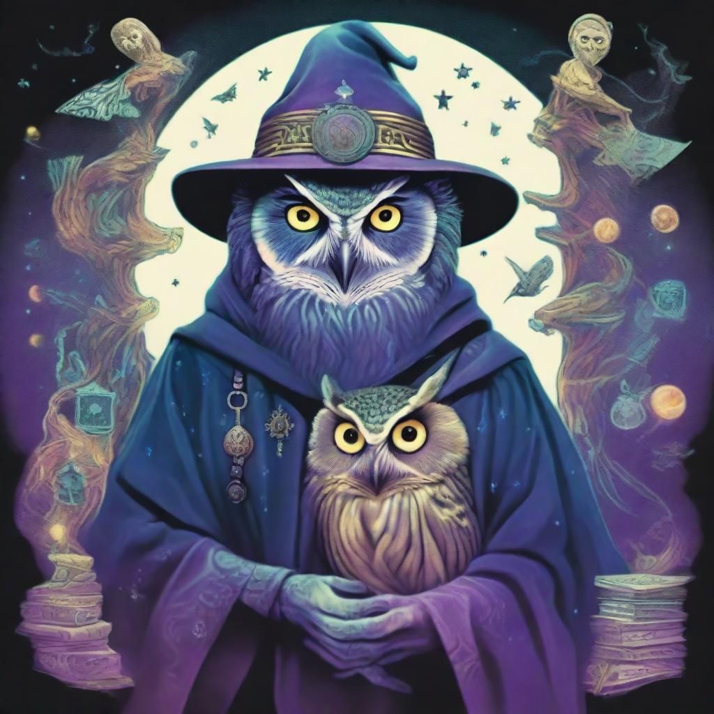 A psychedelic portrait of a young wizard, with a wary look in his eyes