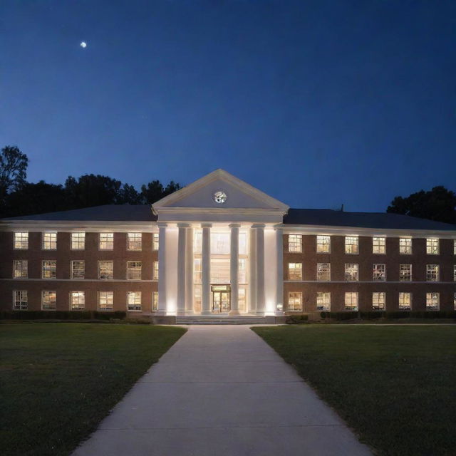 A glowing white logo of a school building.