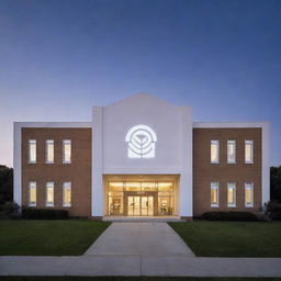 A glowing white logo of a school building.