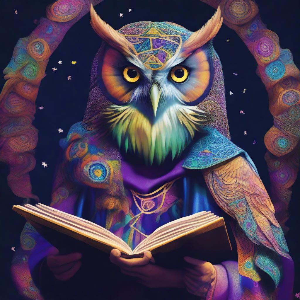 A psychedelic portrait of a young human wizard, his eyes filled with a wary look