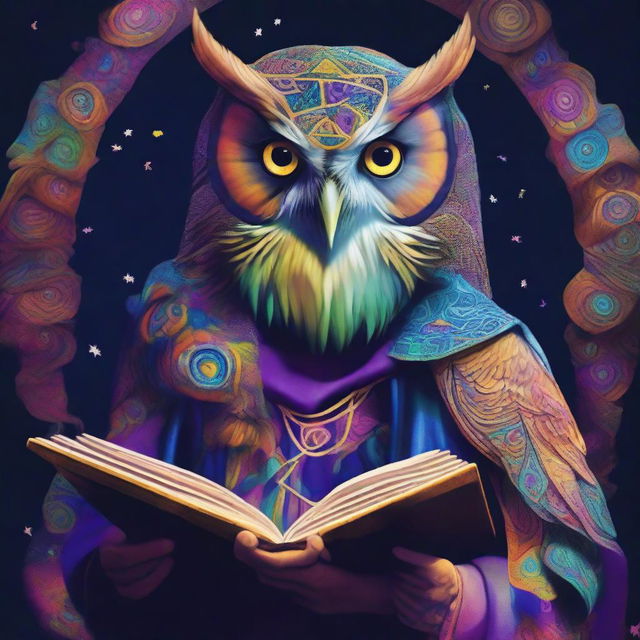 A psychedelic portrait of a young human wizard, his eyes filled with a wary look