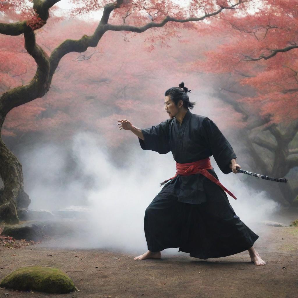 A dynamic scene of a samurai summoning a magnificent Bankai ritual in a traditional Japanese landscape, with a surreal aura of energy.